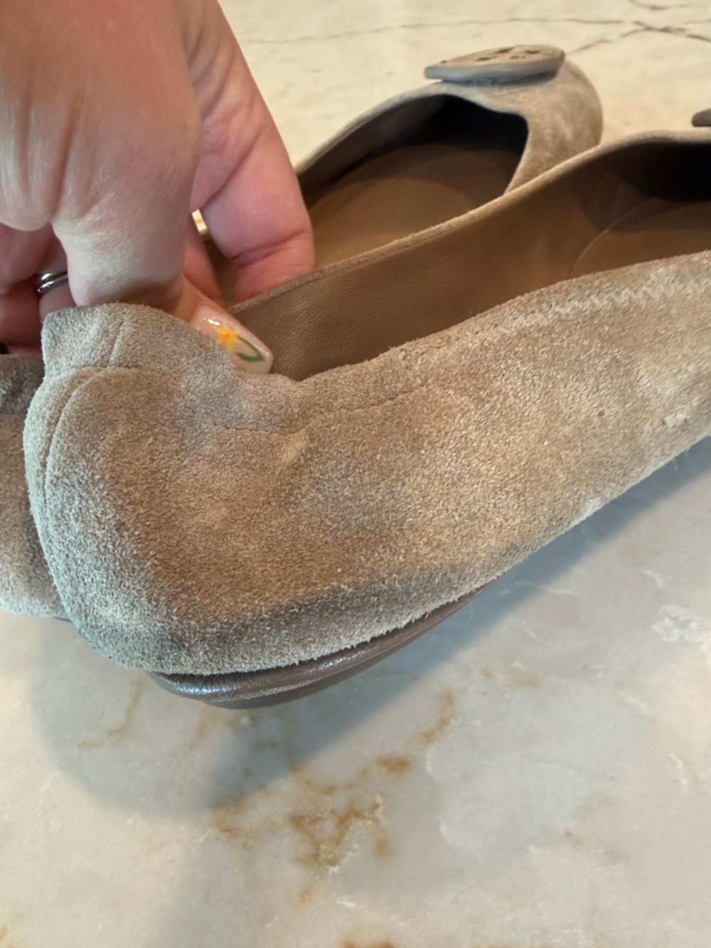 Tory Burch Light Gray Suede Logo Ballet Flats - Picture 4 of 4